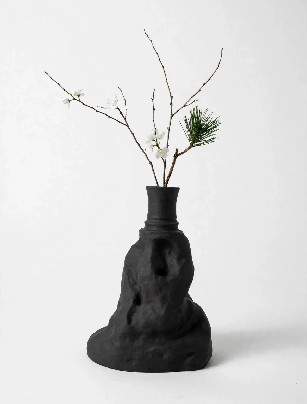Massive black sculptural piece with plum blossom and a pine branch